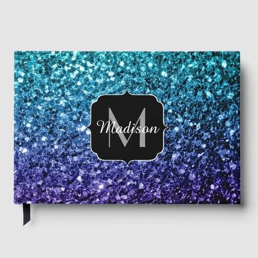 Aqua blue Ombre faux glitter sparkles Monogram Gastenboek (Voorkant)