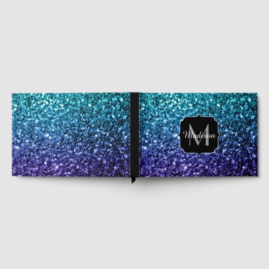 Aqua blue Ombre faux glitter sparkles Monogram Gastenboek (Volledig)