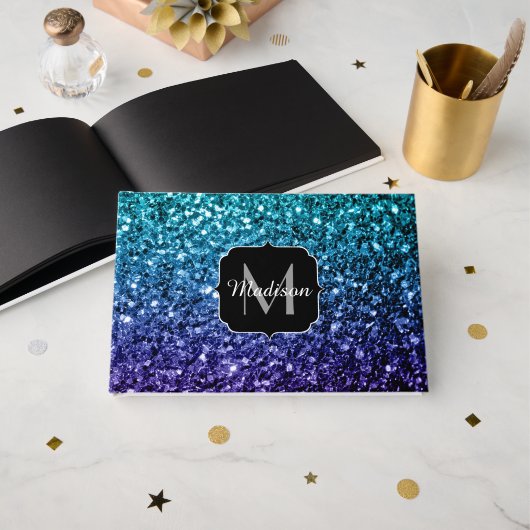 Aqua blue Ombre faux glitter sparkles Monogram Gastenboek (Voorkant open)