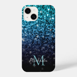 Aqua blue Ombre faux glitter sparkles Monogram iPhone 14 Hoesje