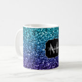 Aqua blue Ombre faux glitter sparkles Monogram Koffiemok (Voorkant links)