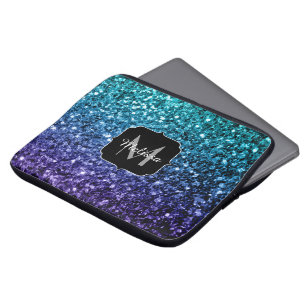 Aqua blue Ombre faux glitter sparkles Monogram Laptop Sleeve