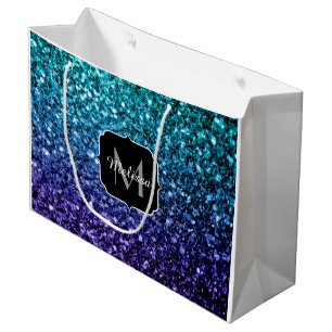 Aqua blue Ombre faux glitter sparkles Monogram Large Cadeautasje