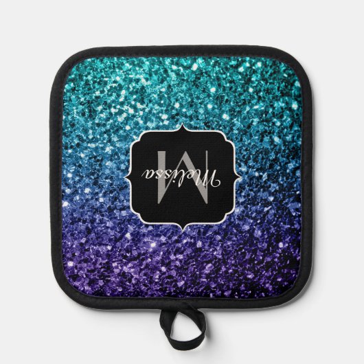 Aqua blue ombre faux glitter sparkles Monogram Pannenlap (Voorkant)