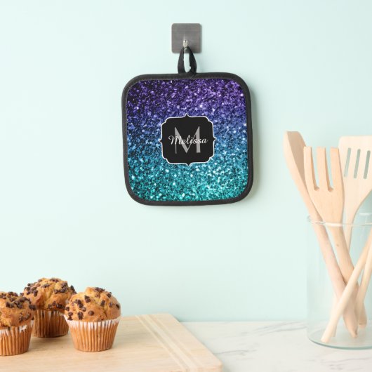 Aqua blue ombre faux glitter sparkles Monogram Pannenlap (Insitu(Ophanging))