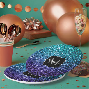 Aqua blue Ombre faux glitter sparkles Monogram Papieren Bordje
