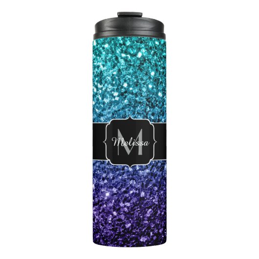 Aqua blue Ombre faux glitter sparkles Monogram Thermosbeker (Voorkant)