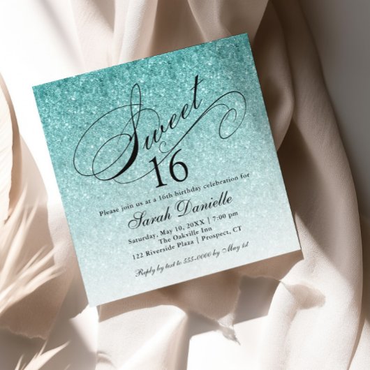 Aqua Blue Ombre Glam Glitter Sweet 16 Square Kaart