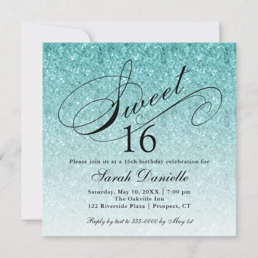 Aqua Blue Ombre Glam Glitter Sweet 16 Square Kaart (Voorkant)