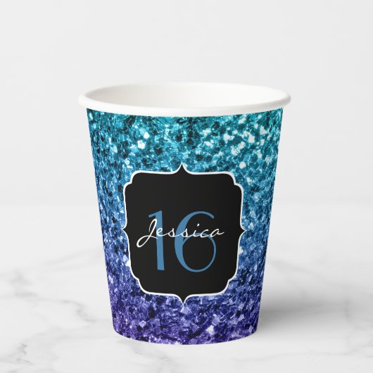 Aqua blue Ombre glitter sparkles Sweet 16 Papieren Bekers (Voorkant)