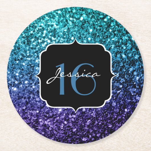 Aqua blue Ombre glitter sparkles Sweet 16 Ronde Kartonnen Onderzetter (Voorkant)