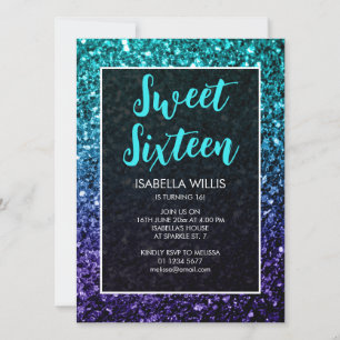 Aqua blue Ombre sparkles Sweet 16 elegant script Kaart