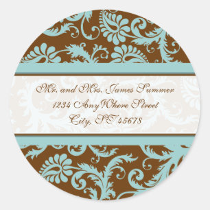 Aqua Blue op Brown Damask Address Wedding Stickers