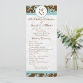 Aqua Blue op Brown Damask Swirl Wedding Invitation Kaart (Staand voorkant)