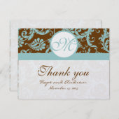 Aqua Blue op bruin Damask Wedding Bedankt kaarten (Voorkant / Achterkant)
