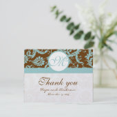 Aqua Blue op bruin Damask Wedding Bedankt kaarten (Staand voorkant)