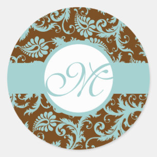 Aqua Blue op bruine Stickers rond het Damask-huwel