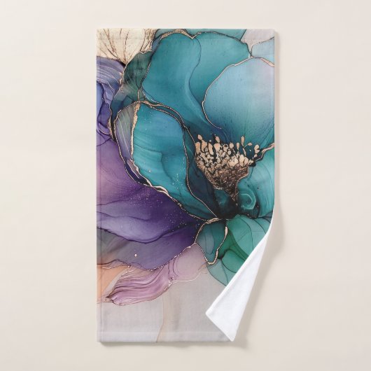  Aqua Blue Paarse Gouden Bloem Handdoek (Handdoek)