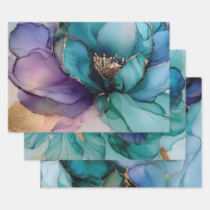  Aqua Blue Paarse Gouden Bloem Inpakpapier Vel