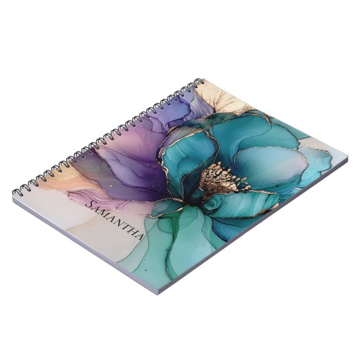 Aqua Blue Paarse Gouden Bloem Notitieboek (Linkerzijde)