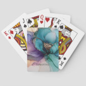 Aqua Blue Paarse Gouden Bloem Pokerkaarten (Achterkant)