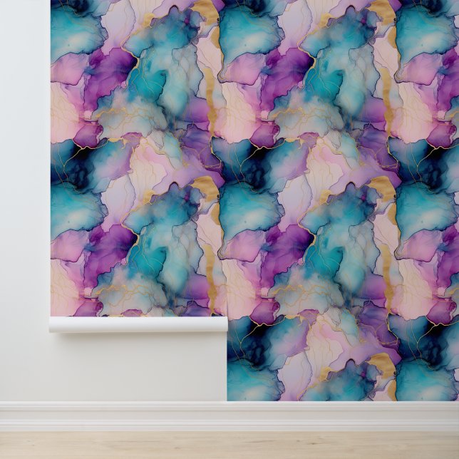 Aqua Blue Paarse Roze Zeemeermin Behang (Applicatie)