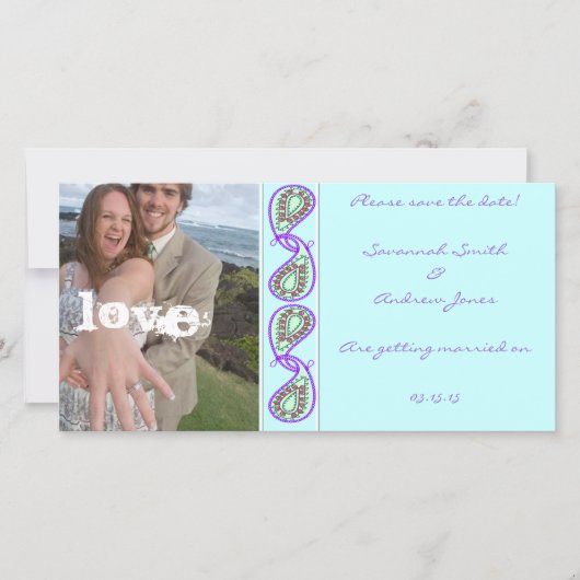 Aqua Blue Paisley Bewaar de datum met jouw foto Save The Date (Voorkant)
