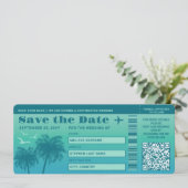 Aqua Blue Palms Faux Boarding Pass Save The Date Kaart (Staand voorkant)