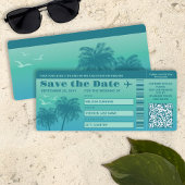 Aqua Blue Palms Faux Boarding Pass Save The Date Kaart