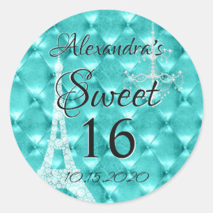 Aqua Blue Paris Sweet Zestien Verjaardagsfeest Ronde Sticker