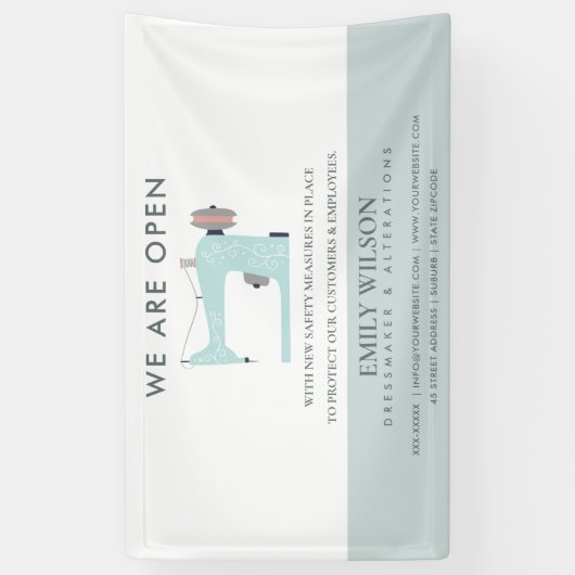 AQUA BLUE PINK SEWING MACHINE TAILOR RE OPENING SPANDOEK (Verticaal)