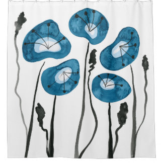 Aqua Blue Poppies Boho Moderne Badkamer Decor Douchegordijn