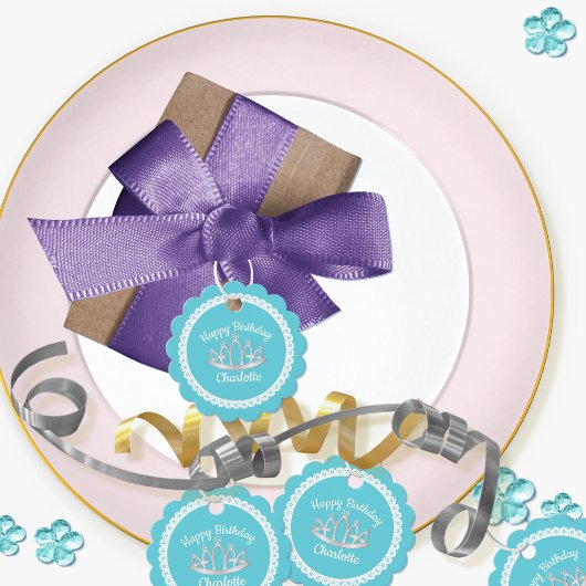 Aqua Blue Princess Tiara Round Bedankjes Labels