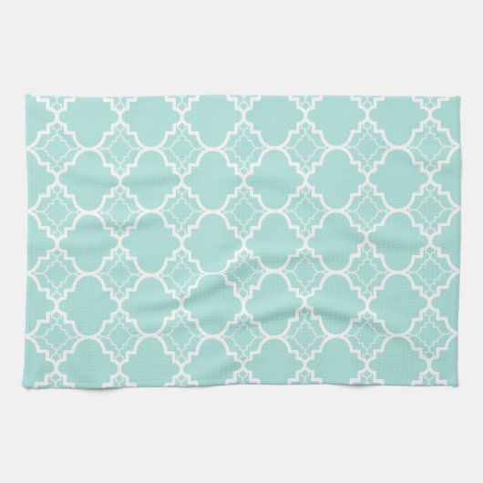 Aqua Blue Quatrefoil geometrisch patroon Theedoek (Horizontaal)