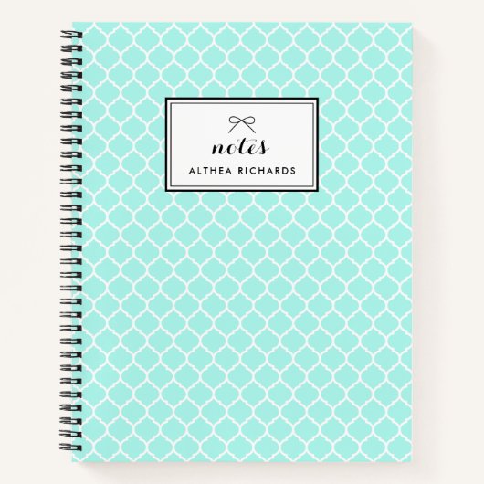 Aqua Blue Quatrefoil Pattern Gepersonaliseerd Noti Notitieboek (Voorkant)