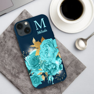Aqua Blue Roos Sparkle Bouquet Monogram Hoesje-Mat iPhone 13 Hoesje