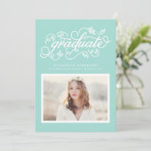 Aqua Blue Rustic Calligraphy Foto Afstuderen Kaart (Staand voorkant)