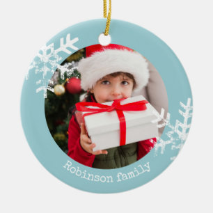 Aqua Blue Rustic Circle Fotoornament Snowflakes Keramisch Ornament