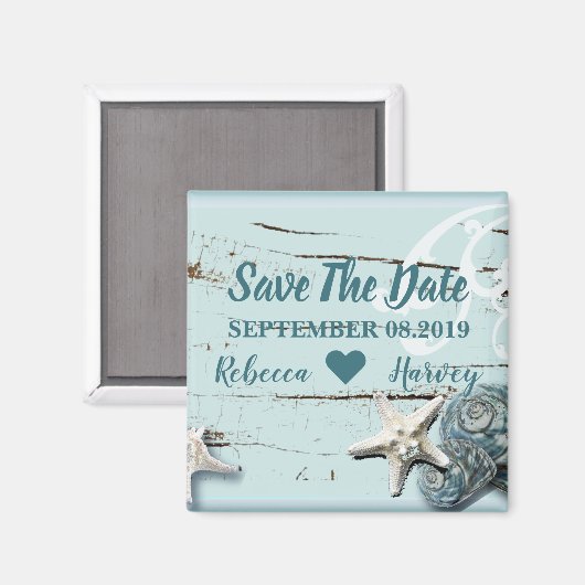 Aqua Blue Seashell Zeester bruiloft Save the Date Magneet (Voorkant / Achterkant)