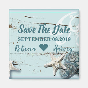 Aqua Blue Seashell Zeester bruiloft Save the Date Magneet