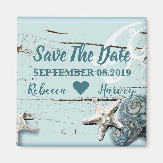 Aqua Blue Seashell Zeester bruiloft Save the Date Magneet (Voorkant)