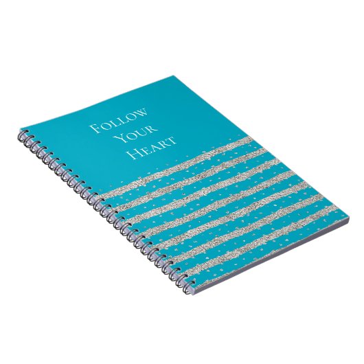 Aqua Blue Silver Sparkly Confetti Stripes Notitieboek (Rechterzijde)