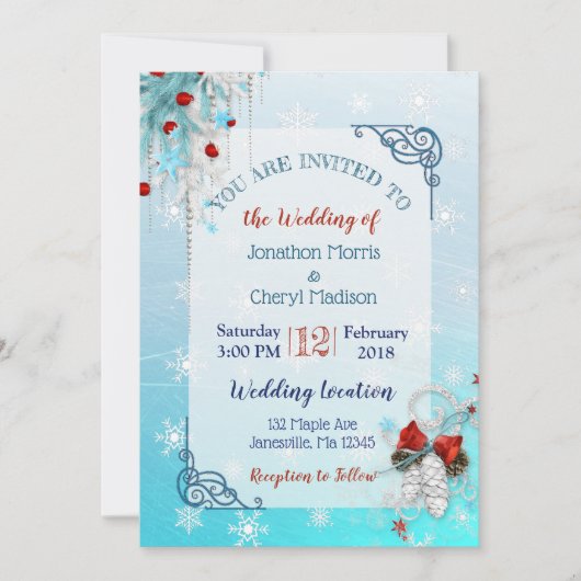 Aqua Blue Snowflake Noël Mariage Invitations (Devant)