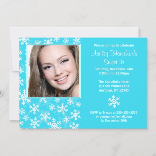 Aqua Blue Snowflakes Photo Sweet 16 Invitations (Devant)