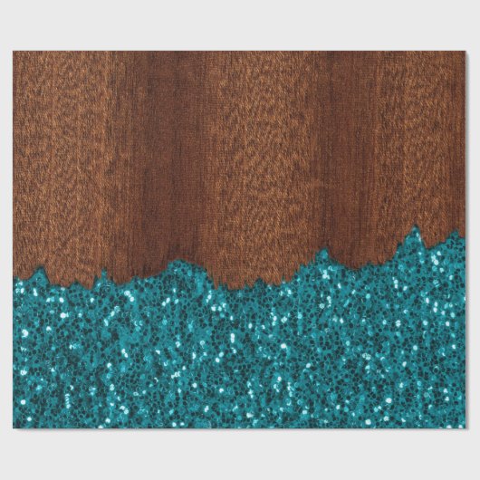 Aqua blue sparkles glitter rustige bruin hout cadeaupapier (Vlak)