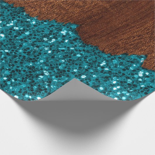Aqua blue sparkles glitter rustige bruin hout cadeaupapier (Hoek)