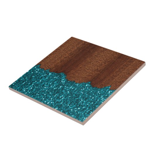 Aqua blue sparkles glitter rustige bruin hout tegeltje (Zijkant)
