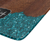 Aqua blue sparkles glitter rustige wood Monogram Snijplank (Hoek)