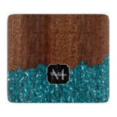 Aqua blue sparkles glitter rustige wood Monogram Snijplank (Voorkant)