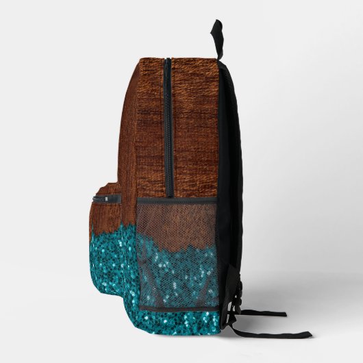 Aqua blue sparkles rustige bruin hout bedrukte rugzak (Rechts)